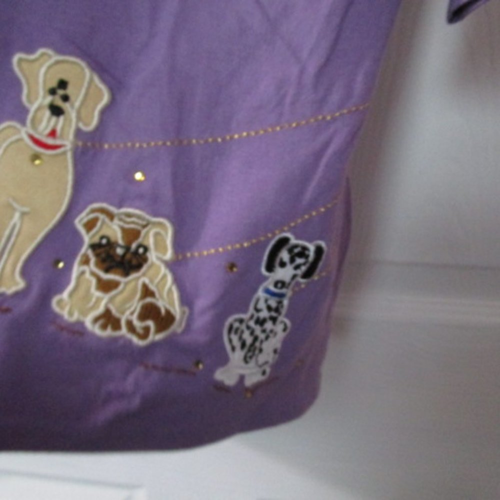 VINTAGE QUACKER FACTORY 3/4 SLEEVE PURPLE TOP WITH DOGS SIZE 1X - Picture 3 of 7